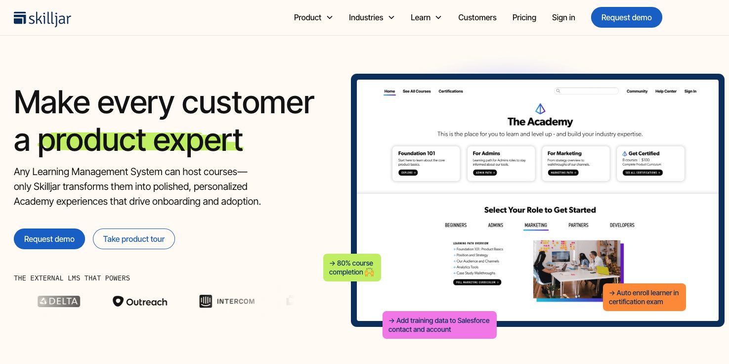 Skilljar website landing page screenshot